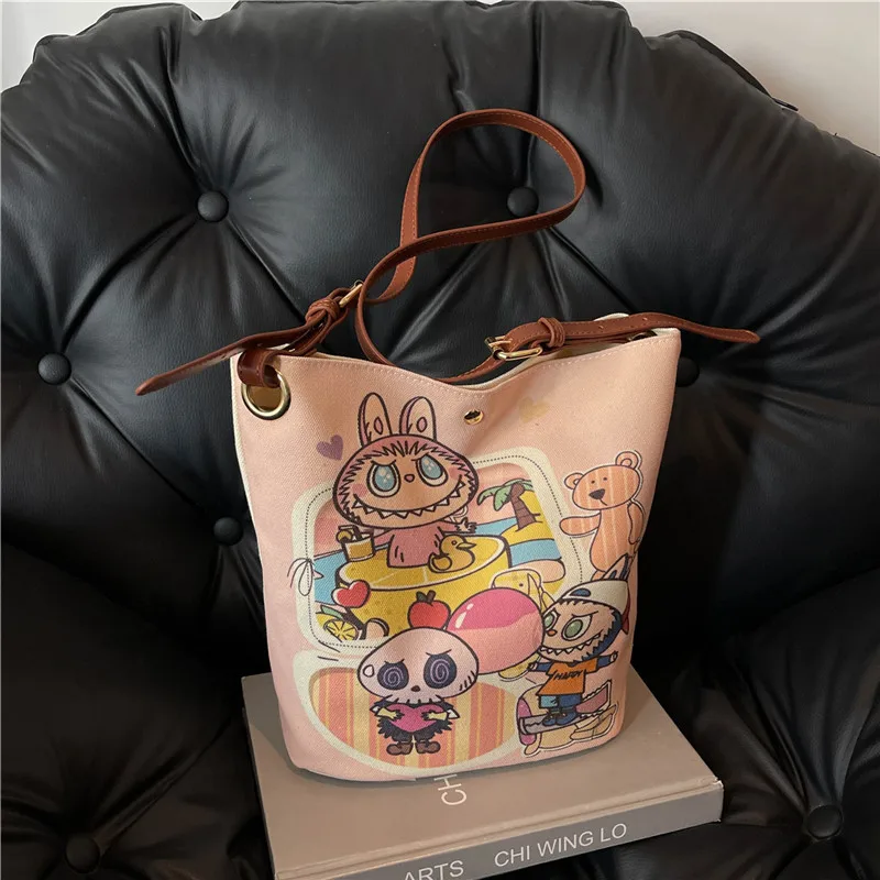 Anime New Cartoon Cute LABUBU Canvas Bag Around Female College Students Commuting Out One Shoulder Cross Body Tidal Bag