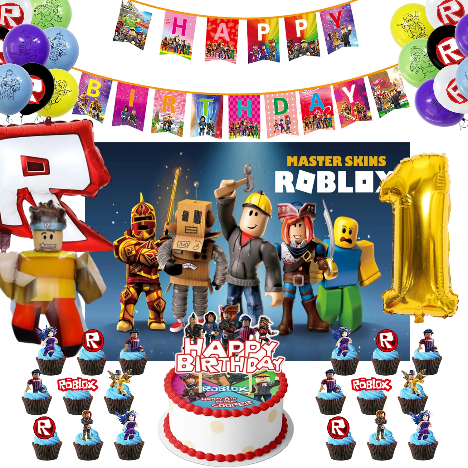 

ROBLOX Birthday Party Decoration Pull Flag Banner Balloon Cake Topper Set Party Supplies Girls Kids Boys Favor baby shower game