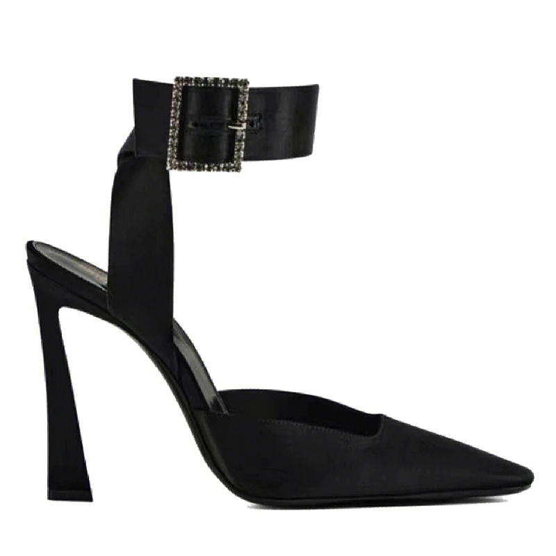 2024 rhinestone square buckle with black silk high heels women's head single shoes simple atmosphere sexy