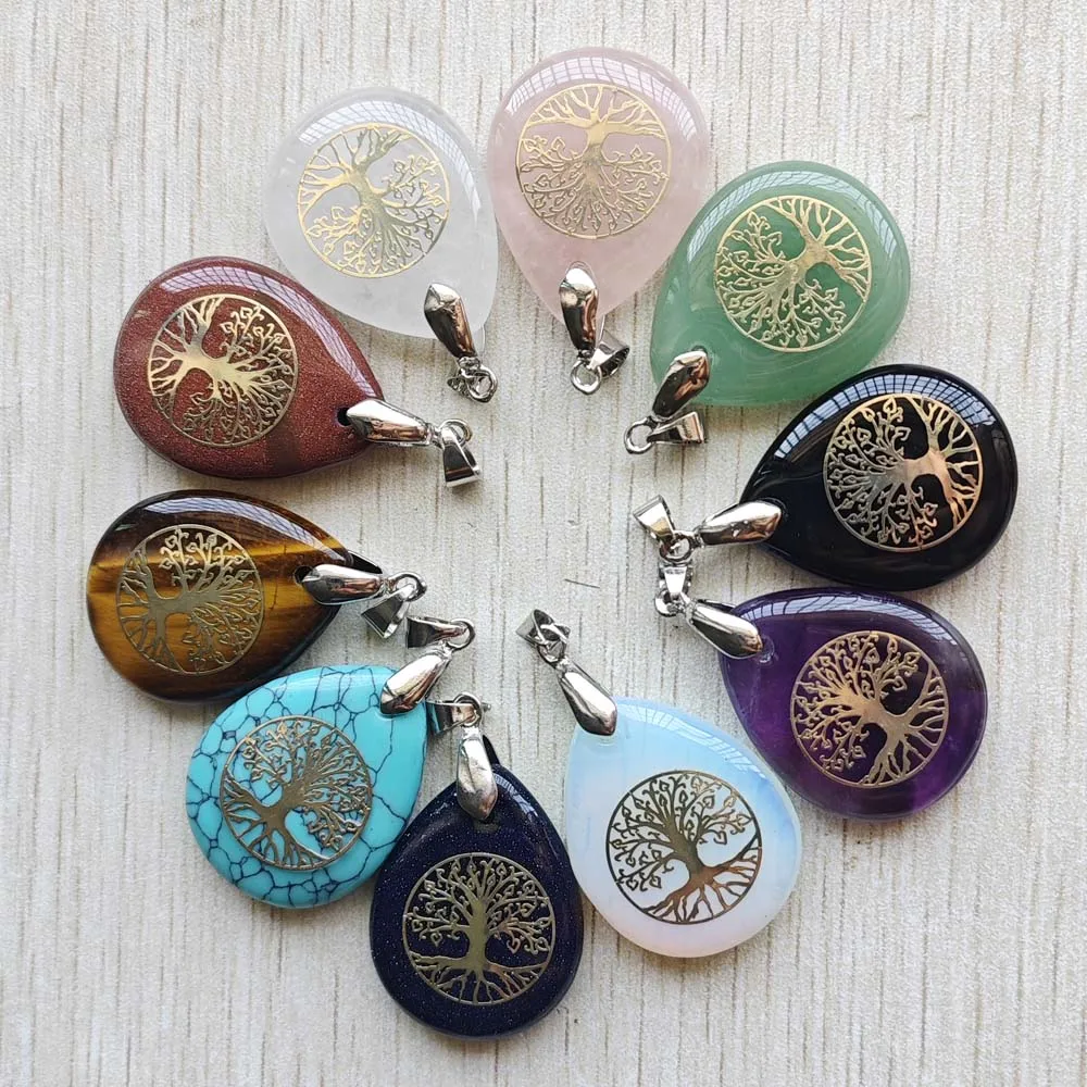 Good quality mix natural stone tree of life water drop pendants for necklaces jewelry making fast shipping wholesale 6pcs/lot