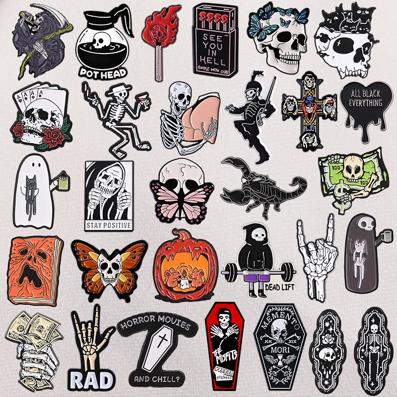 Image of 31style Halloween Retro Punk Totenkopf Kreuz Geist Kollektion Emaille-Pin Punk Goth Sensenmann Skelett Legierung Broschen Schmuck Abzeichen