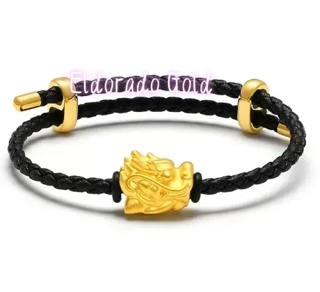 

Браслет с подвесками в виде дракона из чистого золота 24 карат Eldorado Gold для пар, подвески из настоящего золота 999 пробы, черный кожаный шнурок