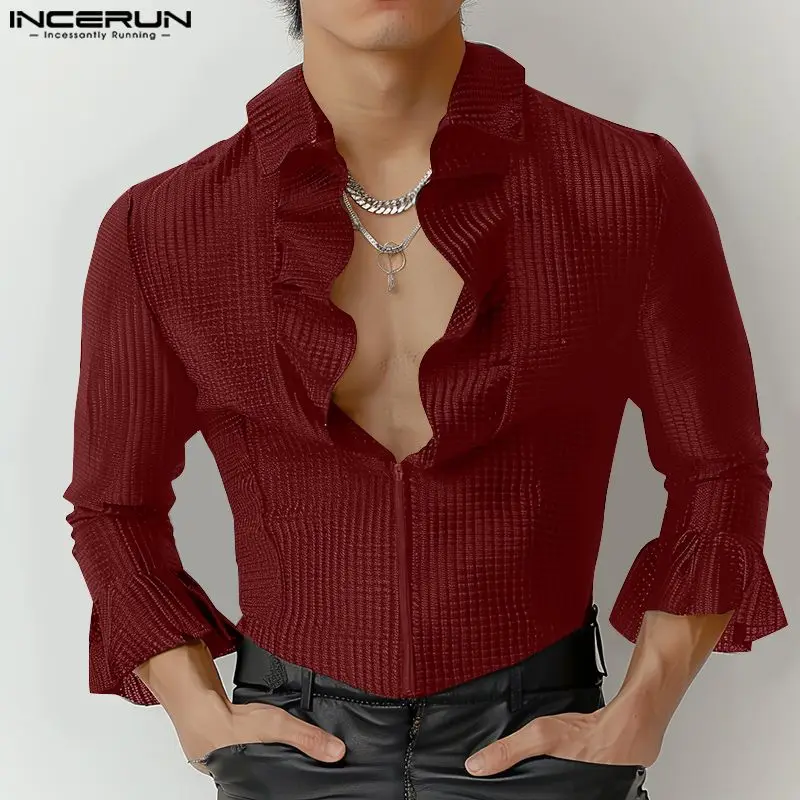 

INCERUN Men Shirt Solid Ruffle V Neck Long Sleeve Zipper Casual Camisas Streetwear 2024 Personality Fashion Unisex Shirts S-5XL