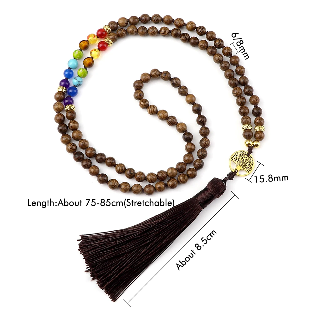 7 Chakra Original Wooden Beads Necklaces Vintage Tree of Life Tassel Japamala Yoga Meditation Necklace Buddhist Prayer Jewelry