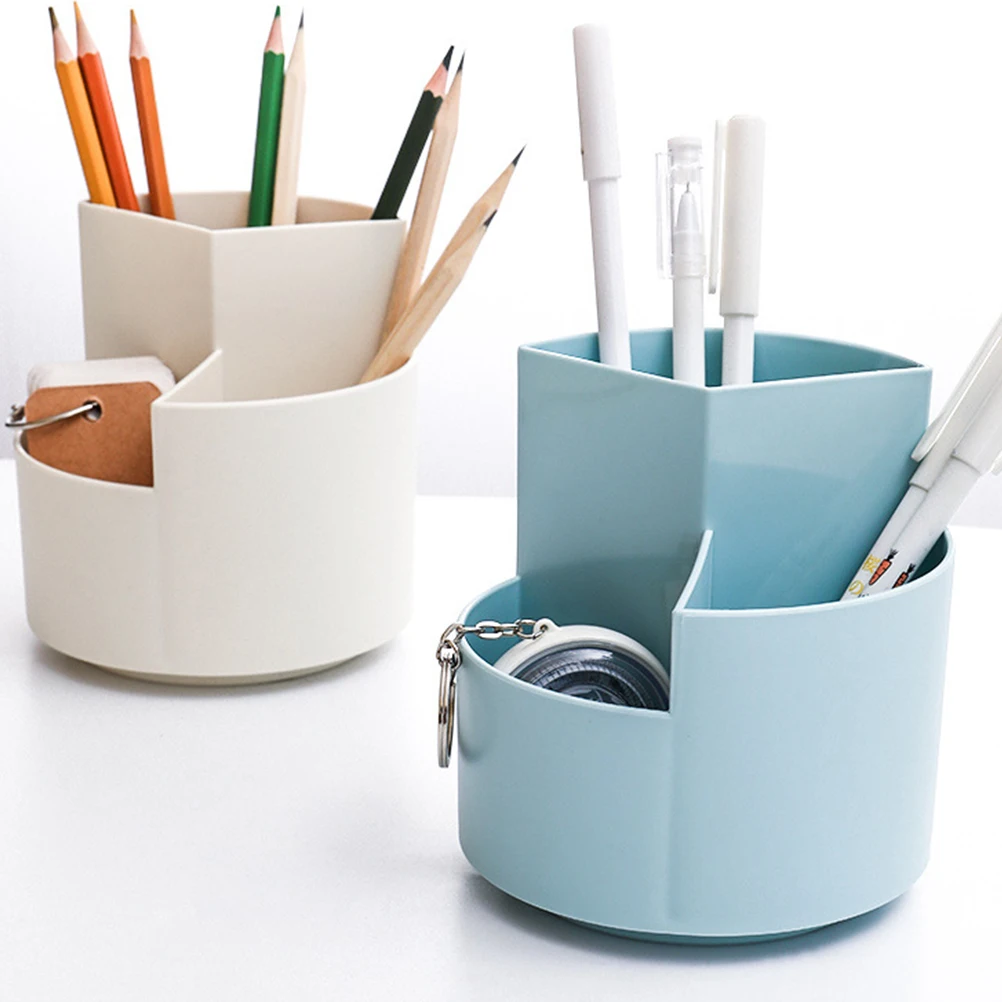 

1pcs Rotating Pen Holder Makeup Brush Storage Organizer 3-Compartment Desktop Stationery Pot Plastic Container