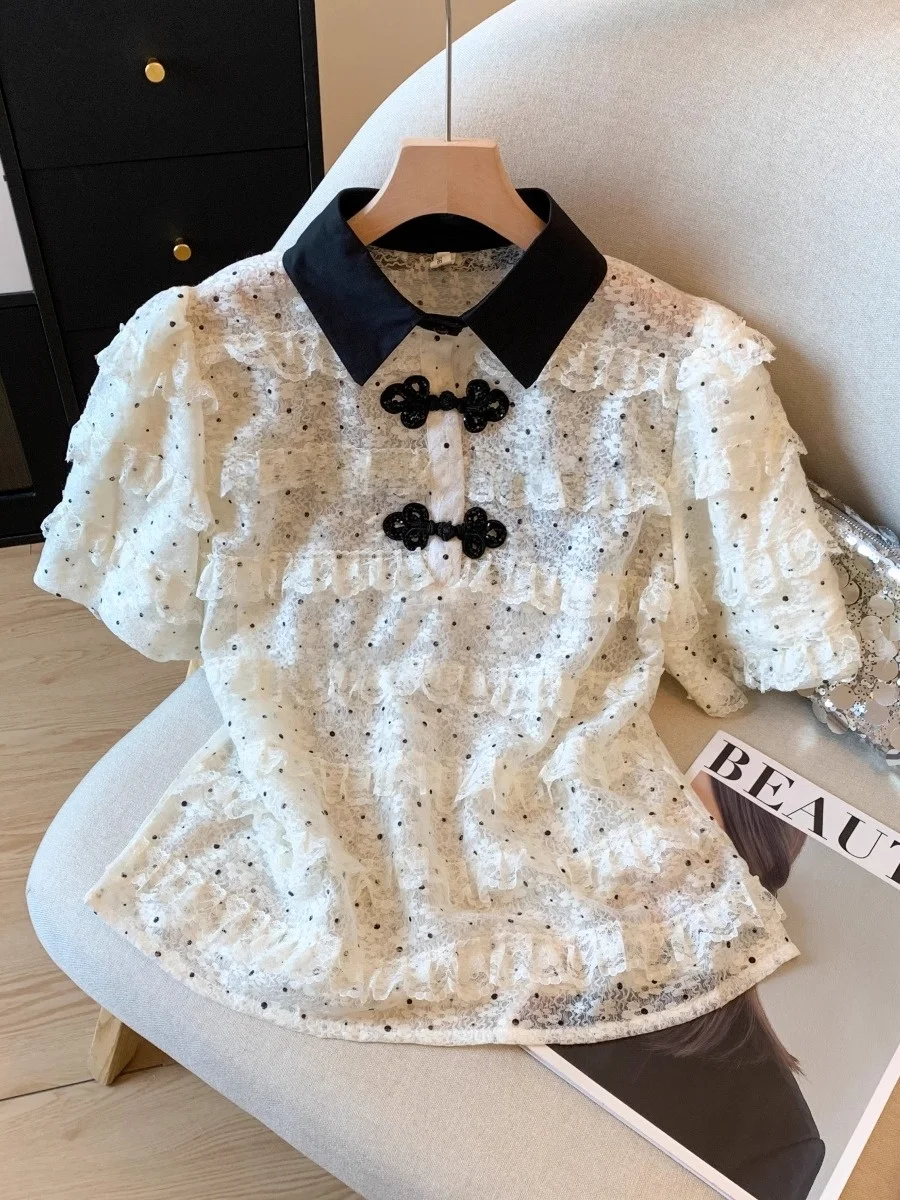 

Новая китайская женская блузка 2026 года с воротником-куклой, коротким рукавом, из шифона, в стиле флагманской коллекции, топ из полиэфирного волокна, с эффектом пузырьков.