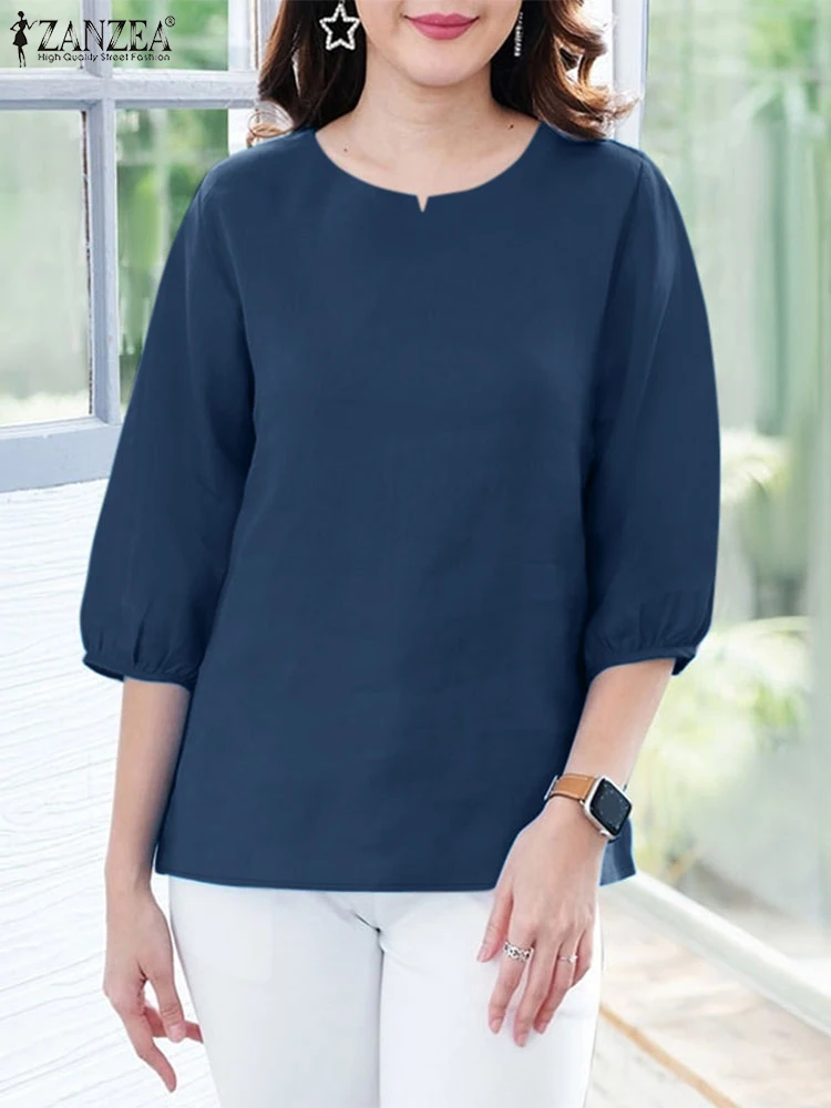 ZANZEA Dojazdy do pracy Codzienne bluzki Jednolity kolor 3/4 Puff Sleeve Plain Women Tunic Tops Loose 2025 Summer Casual Blusas Mujer