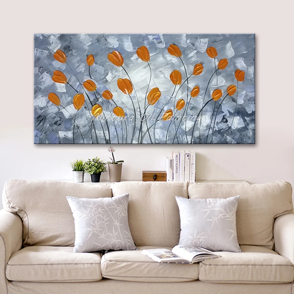 صورة جدار مينتورا لغرفة المعيشة لوحة زيتية على قماش مرسومة يدويًا زيت سميك دهانات سميكة زهور صفراء جدار الفن ، بدون إطار