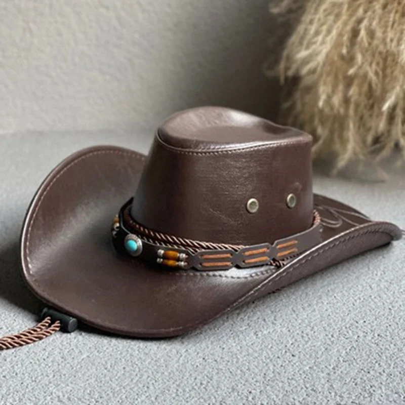 Faux Leather Western Cowboy Hats For Women Men Vintage Gentleman Dress Hats Panama Cowgirl Jazz Cap Sombrero Hombre image 5