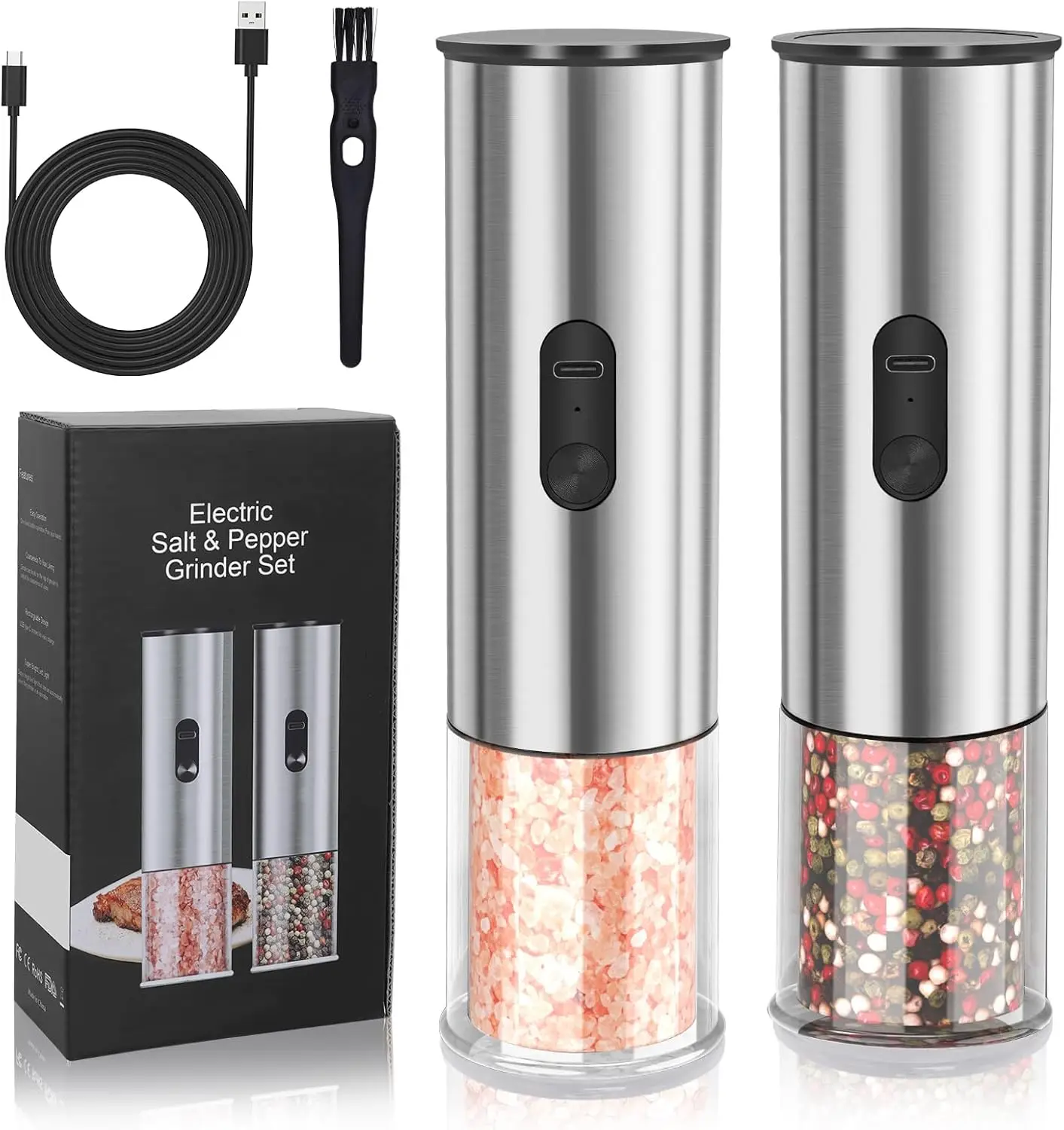 Salt and Pepper Grinder Set, Electric Salt Pepper Shakers with Adjustable Coarseness, Automatic Salt Mill Grinder