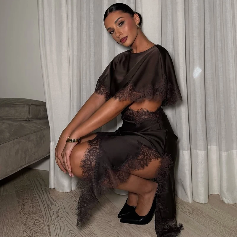 Hxao sexy cortar vestidos femininos vestido de renda preta mulher capa manga assimétrica midi vestidos para mulheres cetim elegante vestido de festa