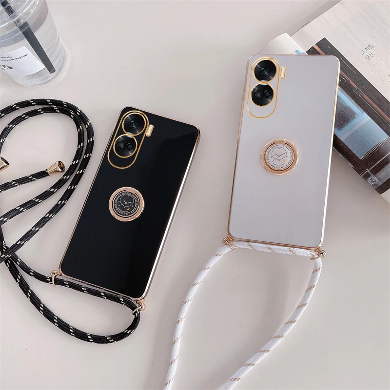 Honor90 Honor70 Honor50 Luxury Plating Ring Holder Crossbody Lanyard Case For Huawei Honor 90 70 50 Lite Cord Strap Cover 90lite