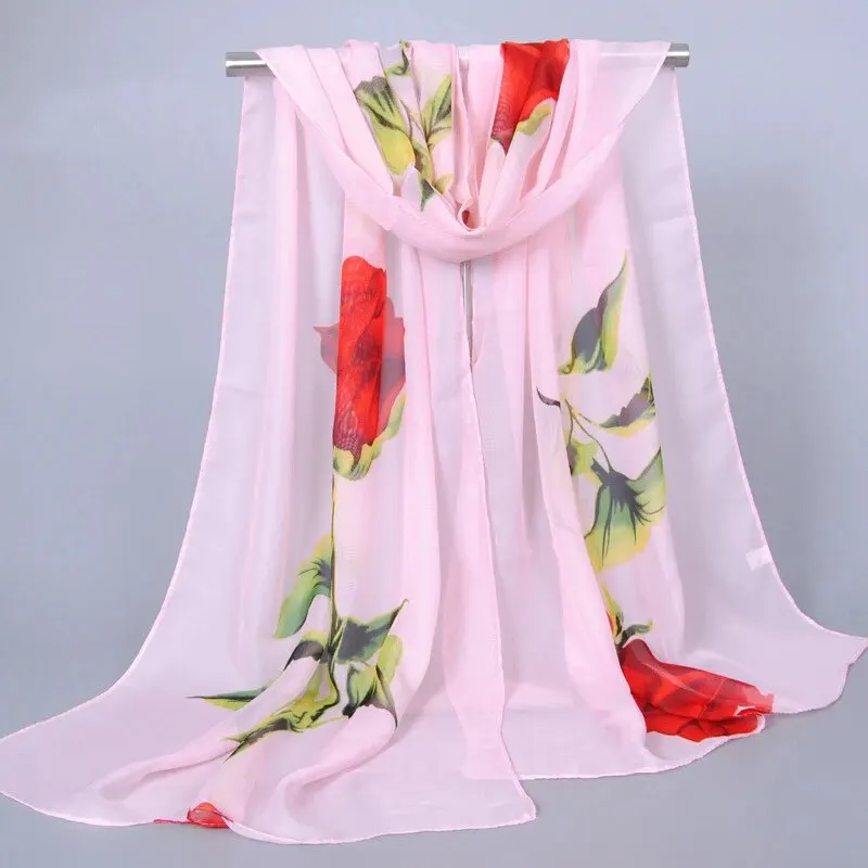 New Rose Chiffon Silk Scarf Women Lightweight Shawl Summer Outdoor Sun Protection Long Muffler 150*50cm