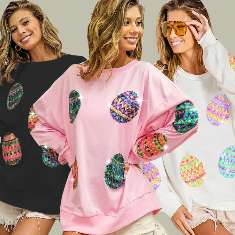 

Easter Egg Sequin Pullover Sweatshirt Knitted Spring Casual Loose O-Neck Long Sleeve Hoodies Office Lady Style Lsdy's Clothing