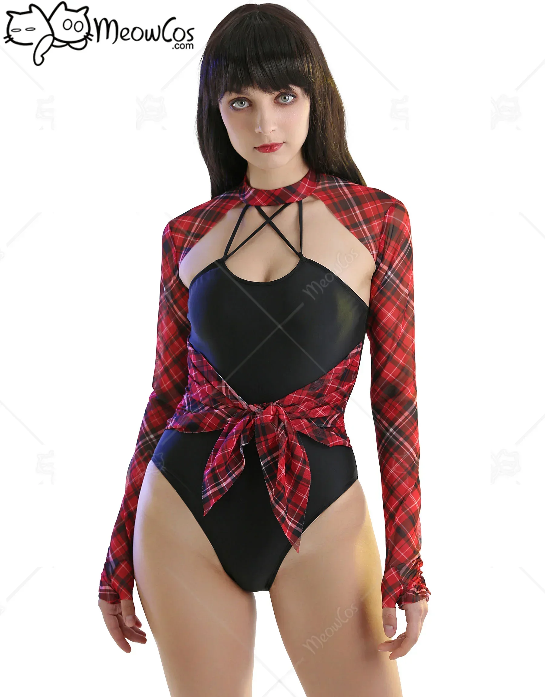 

Meowcos Sexy Women Swimsuit Punk Red Black Plaid Long Sleeve Bathing Suit Tummy Control One-Piece Halterneck Hallow Swimsuit