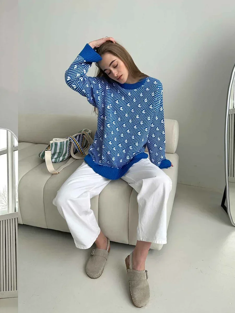 Bornladies Chic Print Knitted Pullover Fashion Women\'s Casual Loose Female Top Autumn Winter Thick Warm Oversized Sweater