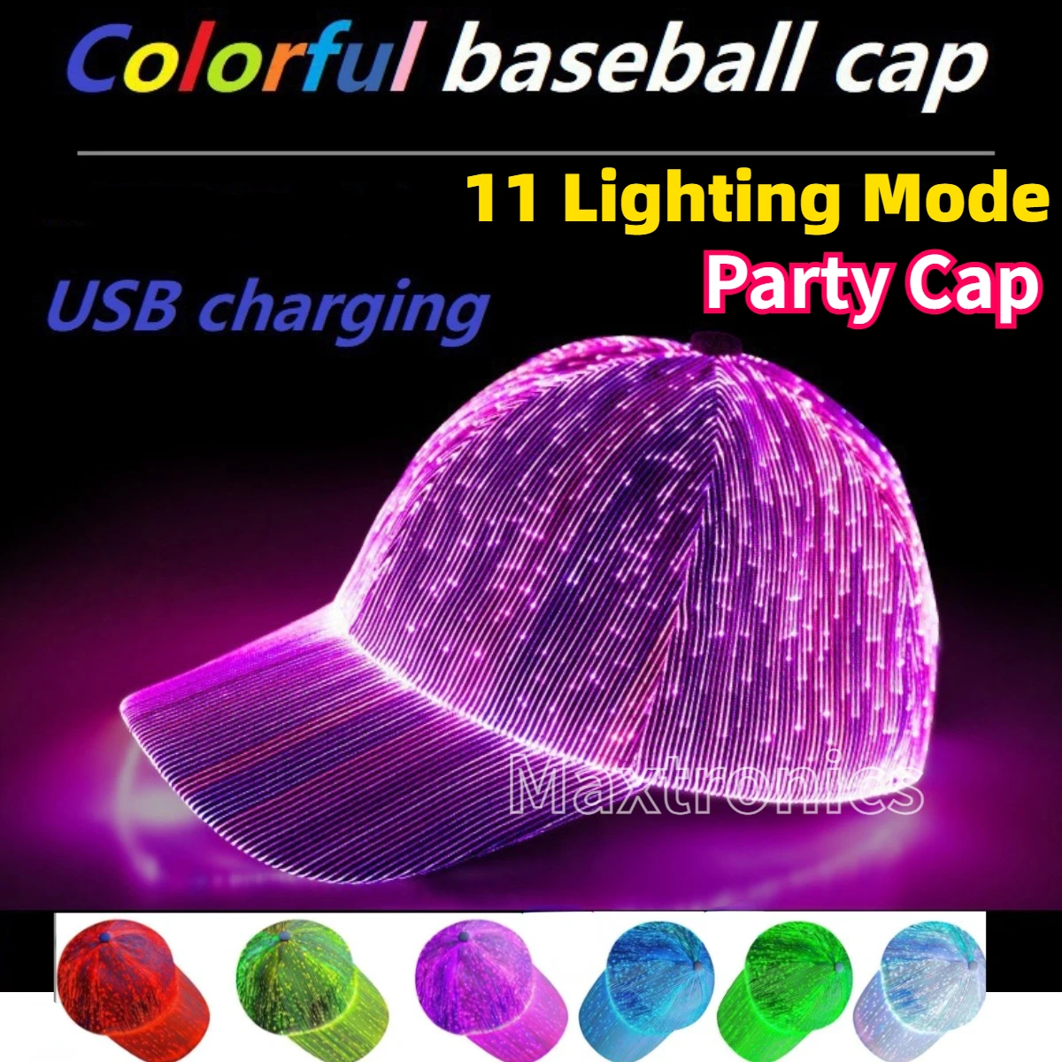 5V LED Glowing Baseball Hat 7 Colors LED Fiber Optic Cap Hat with USB Charging Light Up Caps Hip Hop Men Women Disco Party Hat