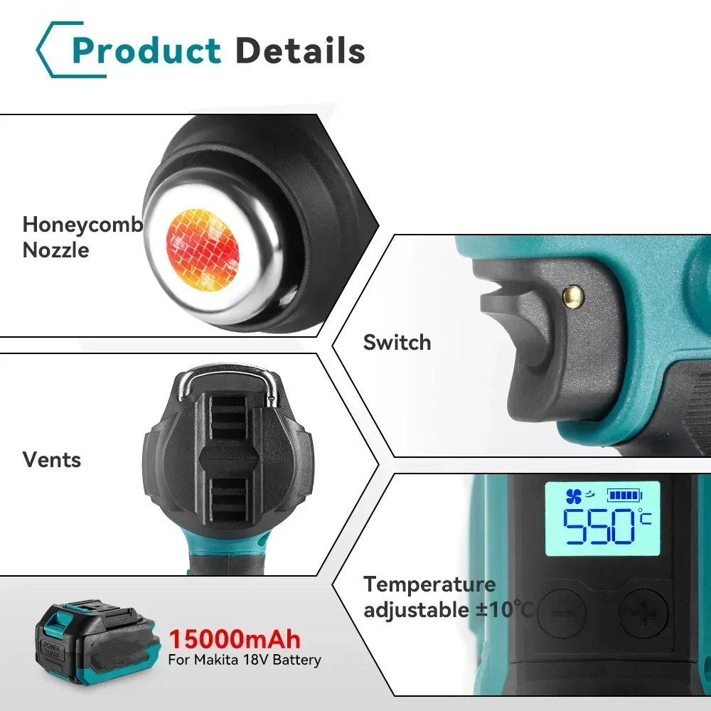 Hot air gun 18V rechargeable hot air gun tool, battery-powered, with LED display screen, tool-specific, without battery