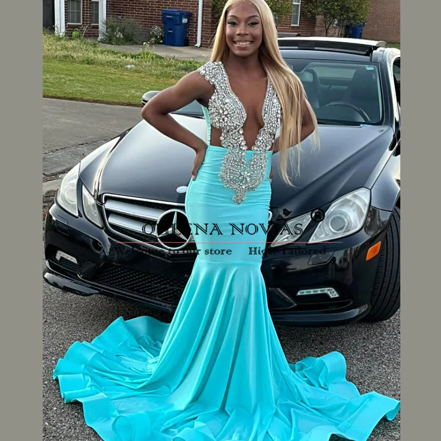 Luxury Green Mermaid Prom Dresses Tailored Crystals Beaded V Neck Black Girls Birthday Party Gowns Vestidos De Noche Elegantes