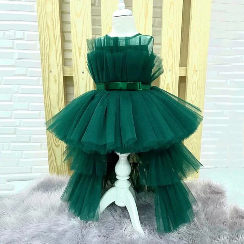 Kids Girl Trailing Green Christmas Party Dresses Puffy Tulle Flower Girls Dress Children Birthday Wedding Bridesmaid Prom Gown