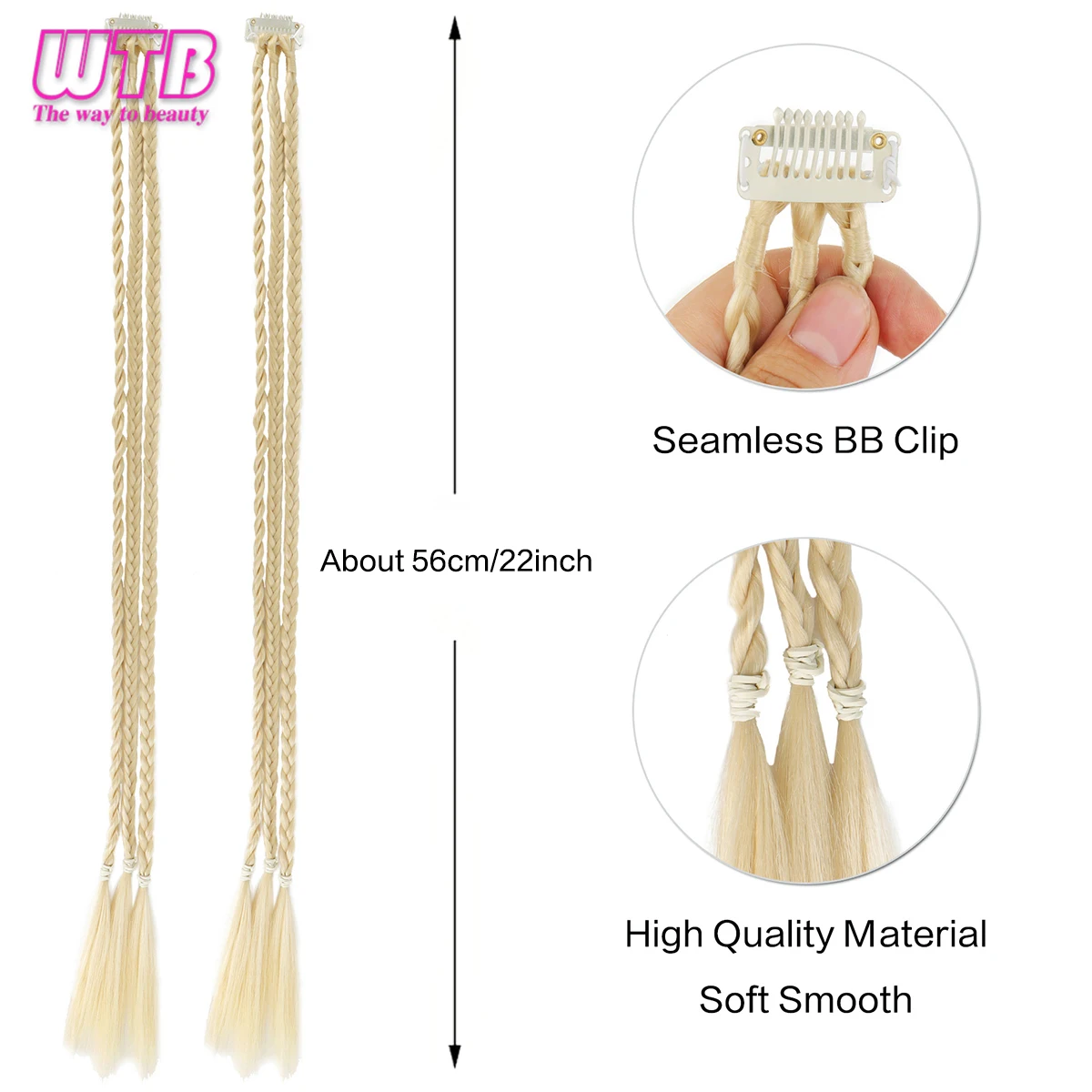 1 Piece/pack 22 Inch Clip On 3 Braid One Piece Synthetic Fiber Hair Extension Women Daily Party Wear Clip Extension Blonde Hairp