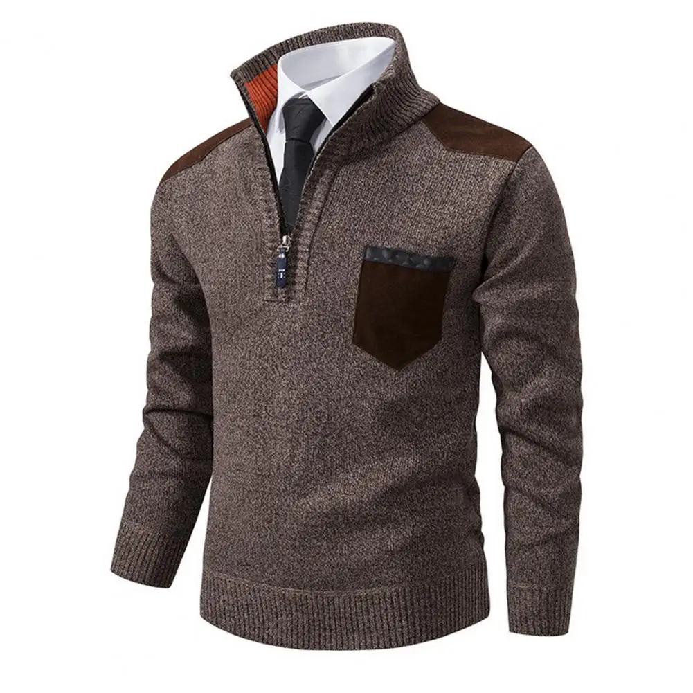 Fall Winter Men Sweater Zippered Stand Collar Knitted Thick Chest Pocket Pullover Slim Fit Warm Mid Length Casual Daily Top