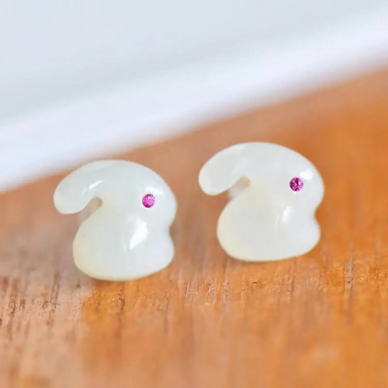 Genuine China Nephrite Stone White Hetian Jade Rabbit Earrings 925 Silver Certified Jewelry Women Elegant Gift For Girlfriend