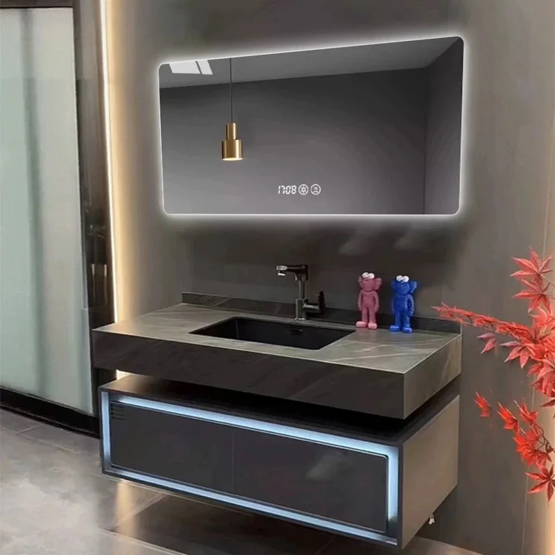 High Grade Indeformable Modern Wall-Mounted Bathroom Vanity Cabinet With Ceramic Basin Single/Double Sinks Mirror For Hotel Use