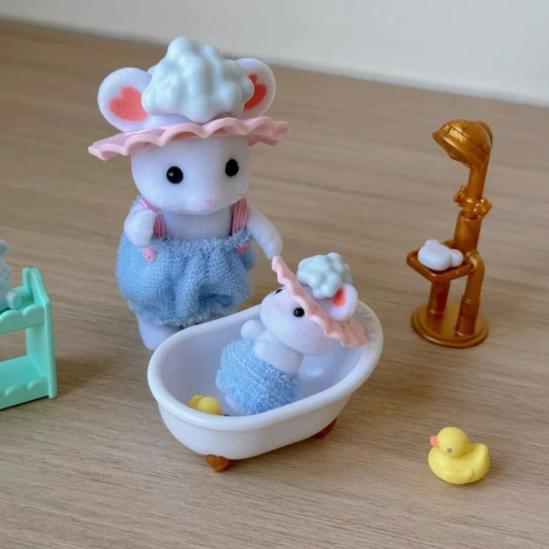 Genuine Japanese Sylvanian Families Anime Figures 24-Hour New Cute Cotton Mouse Bathroom Set Doll Toy Gift Girl Toys Gifts