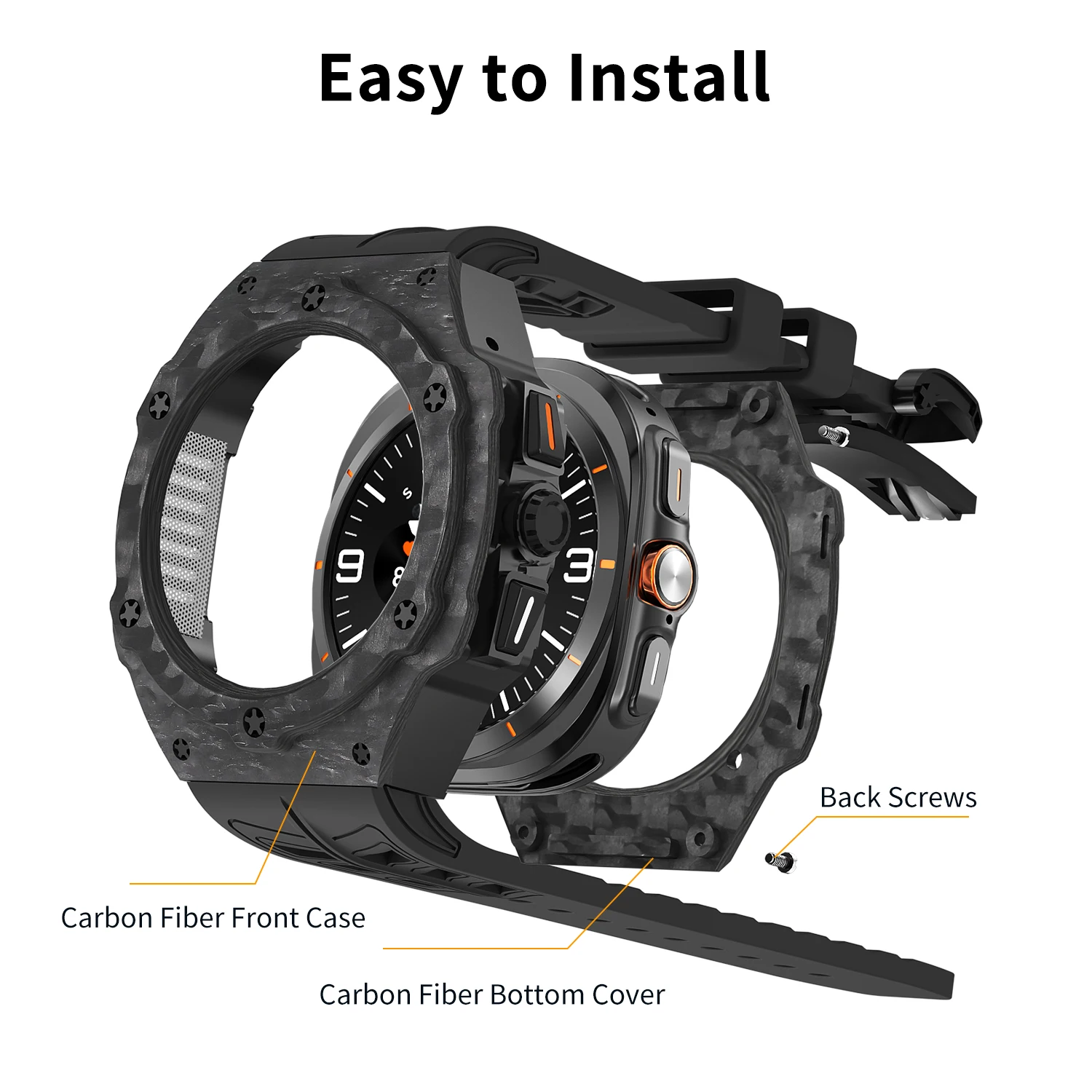 Luxury For Samsung Galaxy Watch 7 Ultra 47mm Carbon fiber case mod kit fluororubber smart band strap for Samsung Ultra 47MM