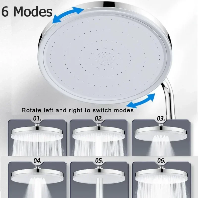 New 6 Modes High Pressure Top Rain Showerhead Big Panel Large Flow Supercharge Rainfall Shower Head Faucet Bathroom Accessories