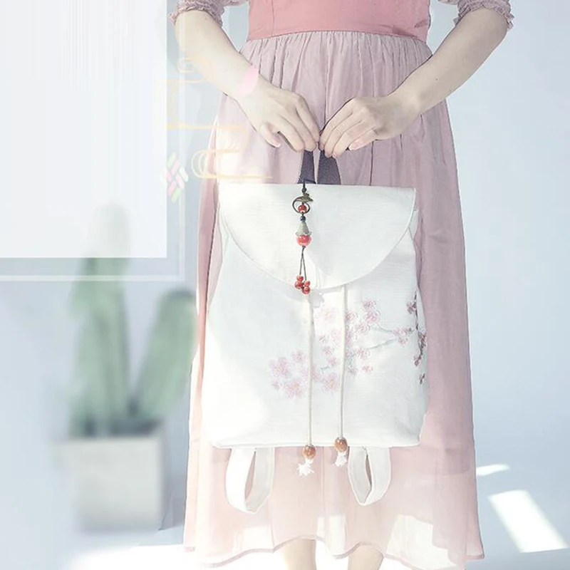 Chinese Embroidery Drawstring Bags Hanfu Handbag Floral Canvas Bag Women Ancient Traditional Style Bead Pendent Backpack