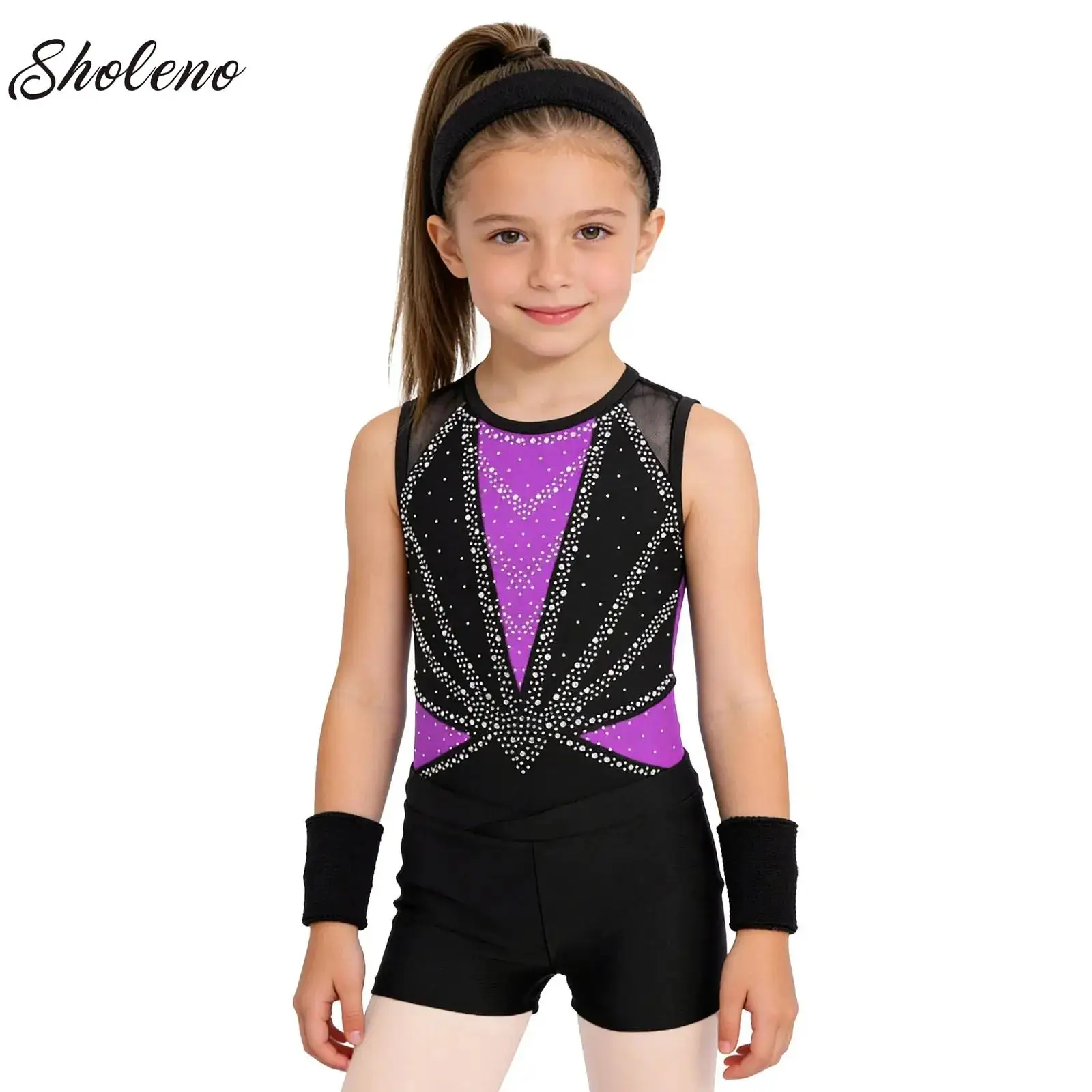 

Kids Athletic Tumbling Outfits with Short Children Girls Gymnastics Leotards Sparkle 4 Piece Dance Unitard Headband Wristbands