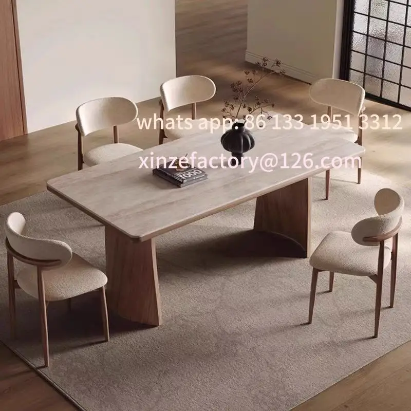 

Customizable French travertine rock slab dining table and chair combination modern style simple small apartment family dining ta
