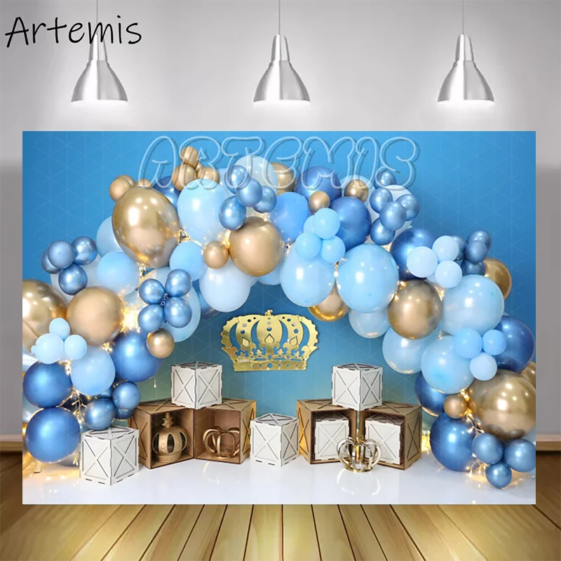 Baby's Birthday Cake Smash Photography Backdrop Blue Golden Balloons Prince Crown Decoration Portrait Background Photo Studio