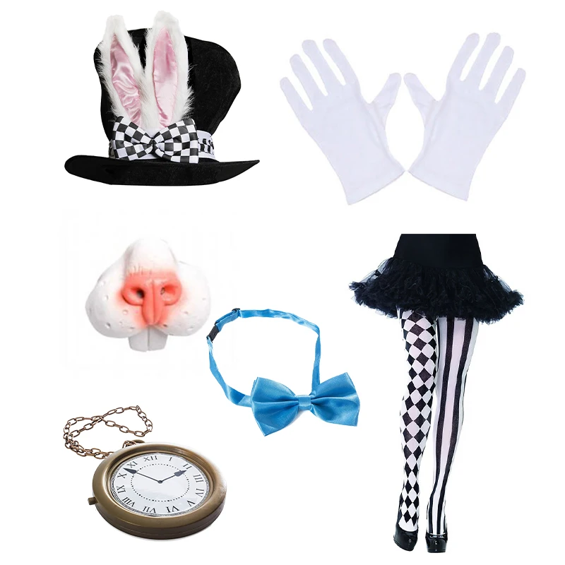 PESENAR Mr. rabbit Cosplay Accessories Set Magic Hat Rabbit Ear Hat Gloves Socks Bow Tie Pocket Watch Rabbit Nose