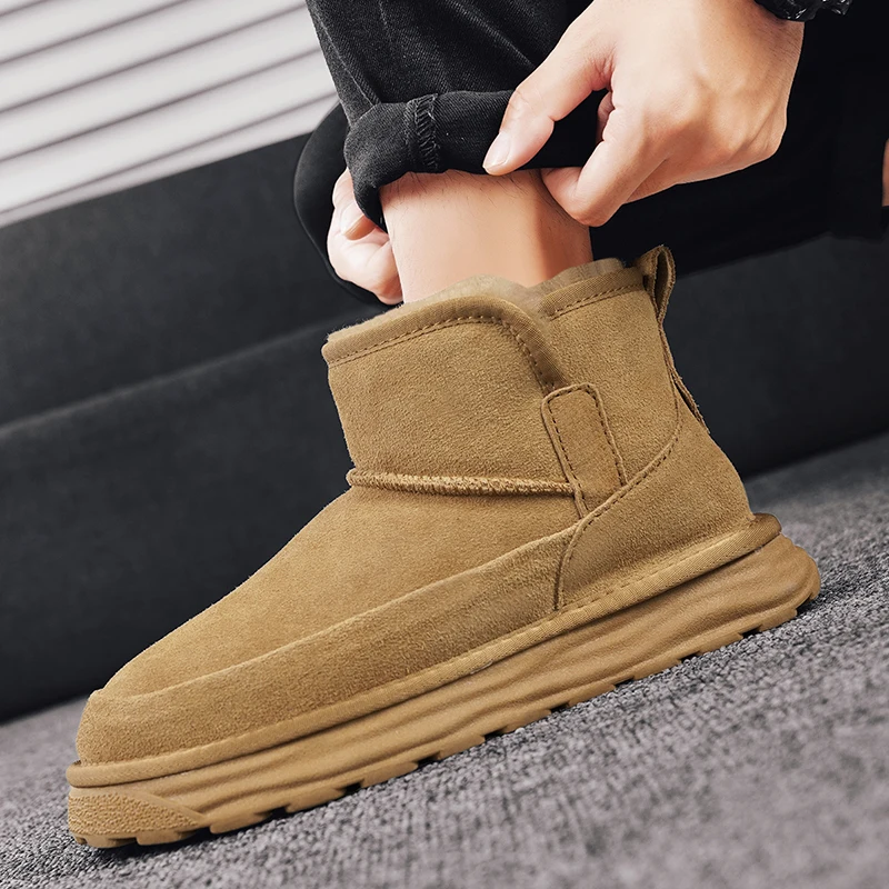 New Leather Men\'s Boots 2024 Winter Platform Warm Fur Ankle Short Slip On Fashion Casual Work Shoes Botas Platform Boots