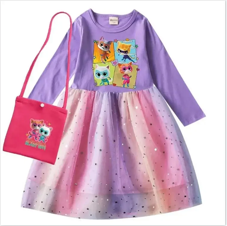 Autumn Cartoon Superkitties Cat Dress Kids Gradient Long Sleeve Princess Mesh Tulle Dress Baby Girls Elegant Casual Dresses