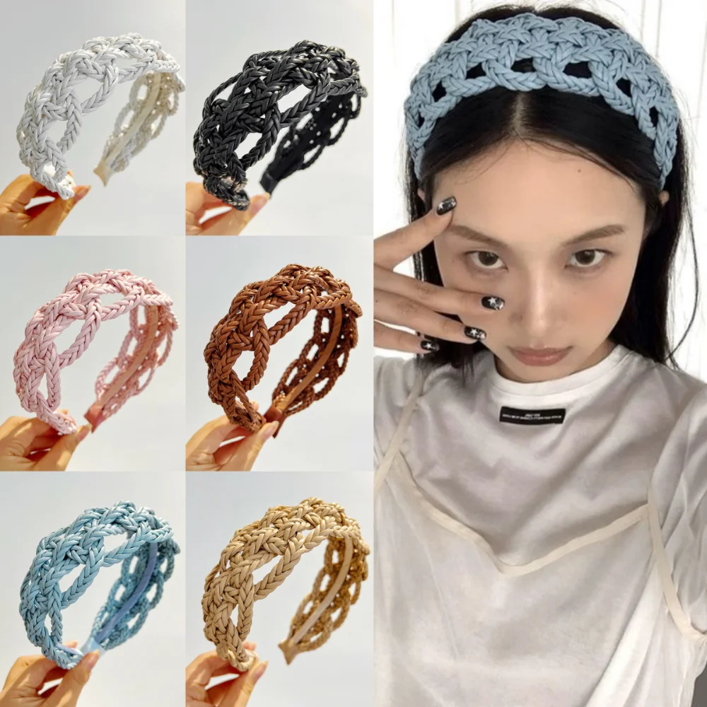 

Wide Side PU Leather Weave Hairband Solid Color Headwear Braid Headband Geometric Hollowed Out Weave Style Hair Hoop