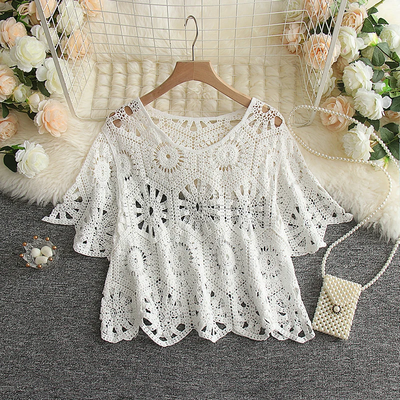 Summer Short sleeved Knitted Shirt Women Hollow out Sheer Blouse Vintage Crochet Crop Tops