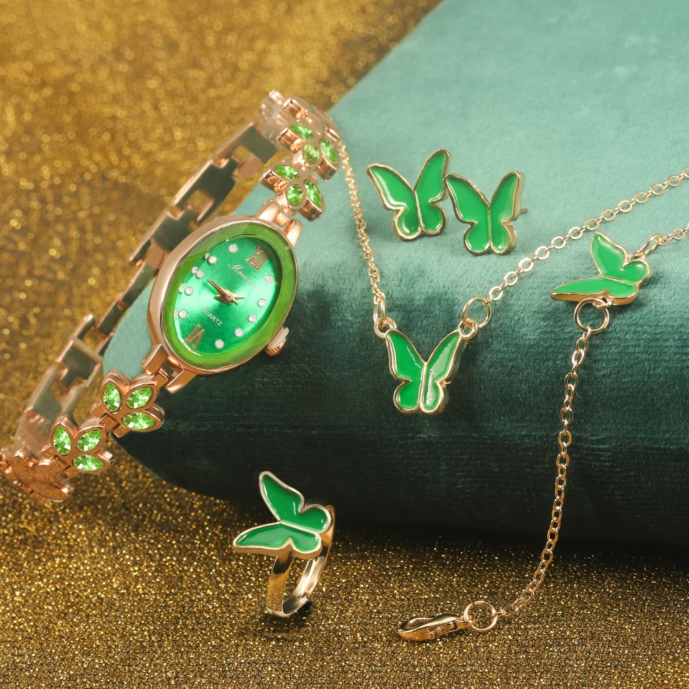 6pcs Women Watch Set Stylish Elegant Green Rhinestones Leaf-shape Watch With Butterfly Jewelry Set For Girl Casual Birthday Gift