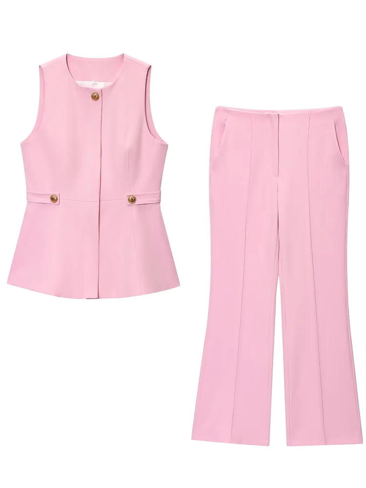 TFMLN New Women Vest Pant Two Pieces Sets Pink O-neck Sleeveless Tank Vest Flare Trousers Chic Office Lady Basic Elegant Suits