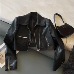 American motorcycle suit leather coat women's autumn new loose Joker double zipper high-grade washed leather short jacket