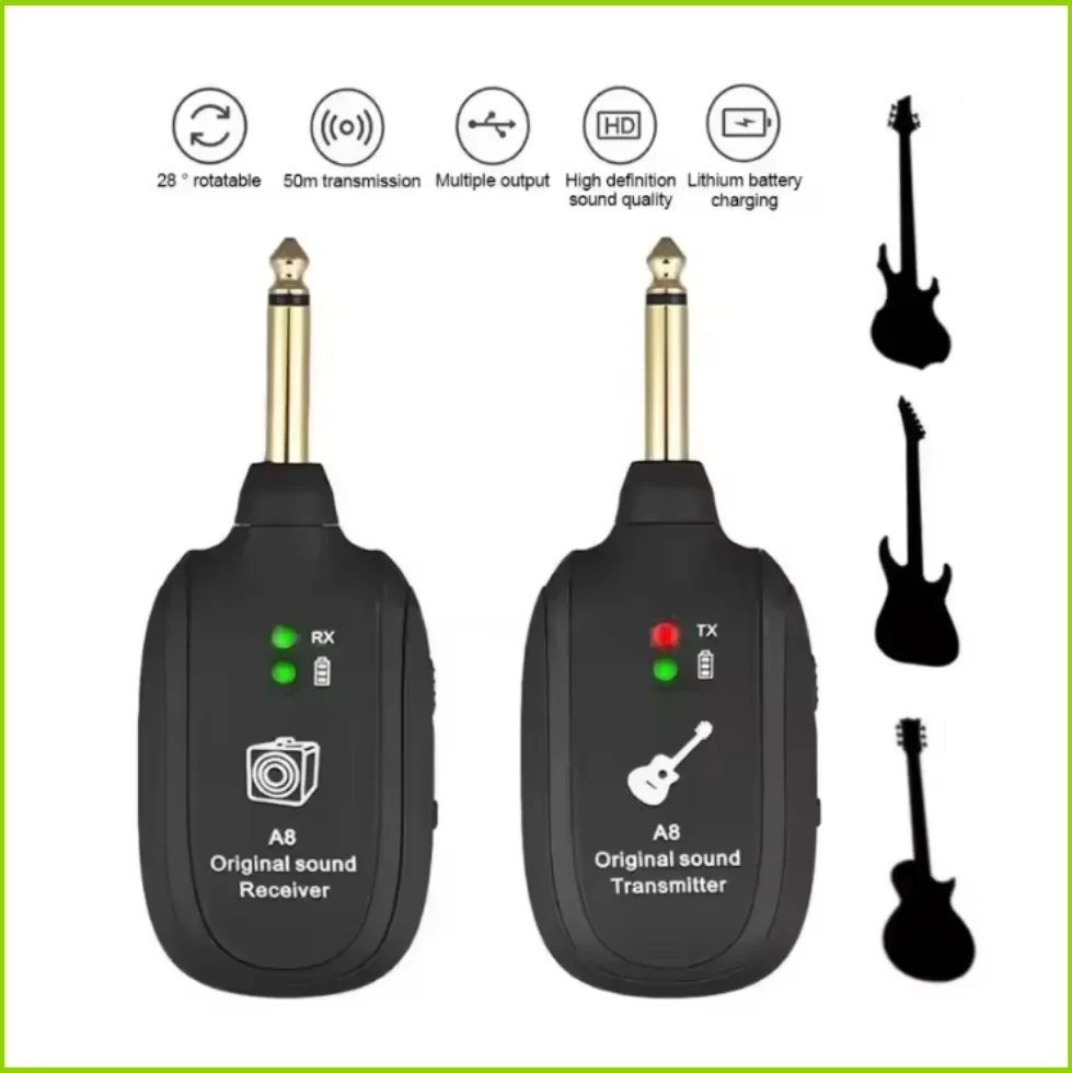

A8 Guitar Wireless System - Wireless Instrument Transceiver,Built-in Rechargeable Transmitter& Receiver for Electric Guitar/Bass