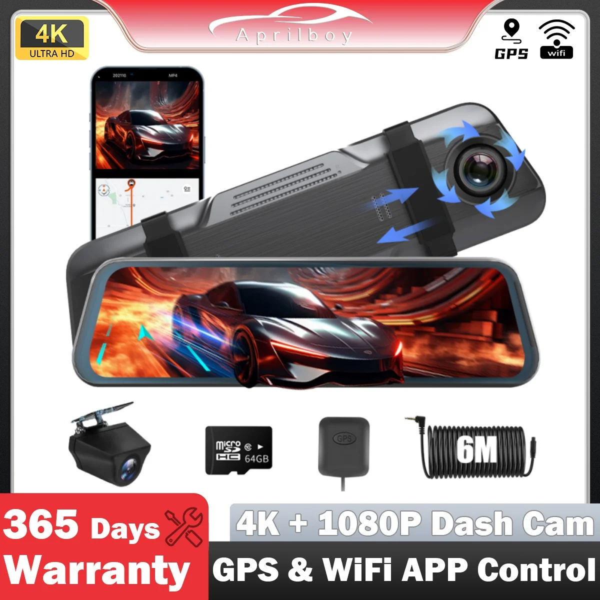 Aprilboy V696 4K Mirror Car DVR Recorder 10'' Touch Screen Stream Media Front & Rear Dual Camer Rear View Night Vission Dash Cam