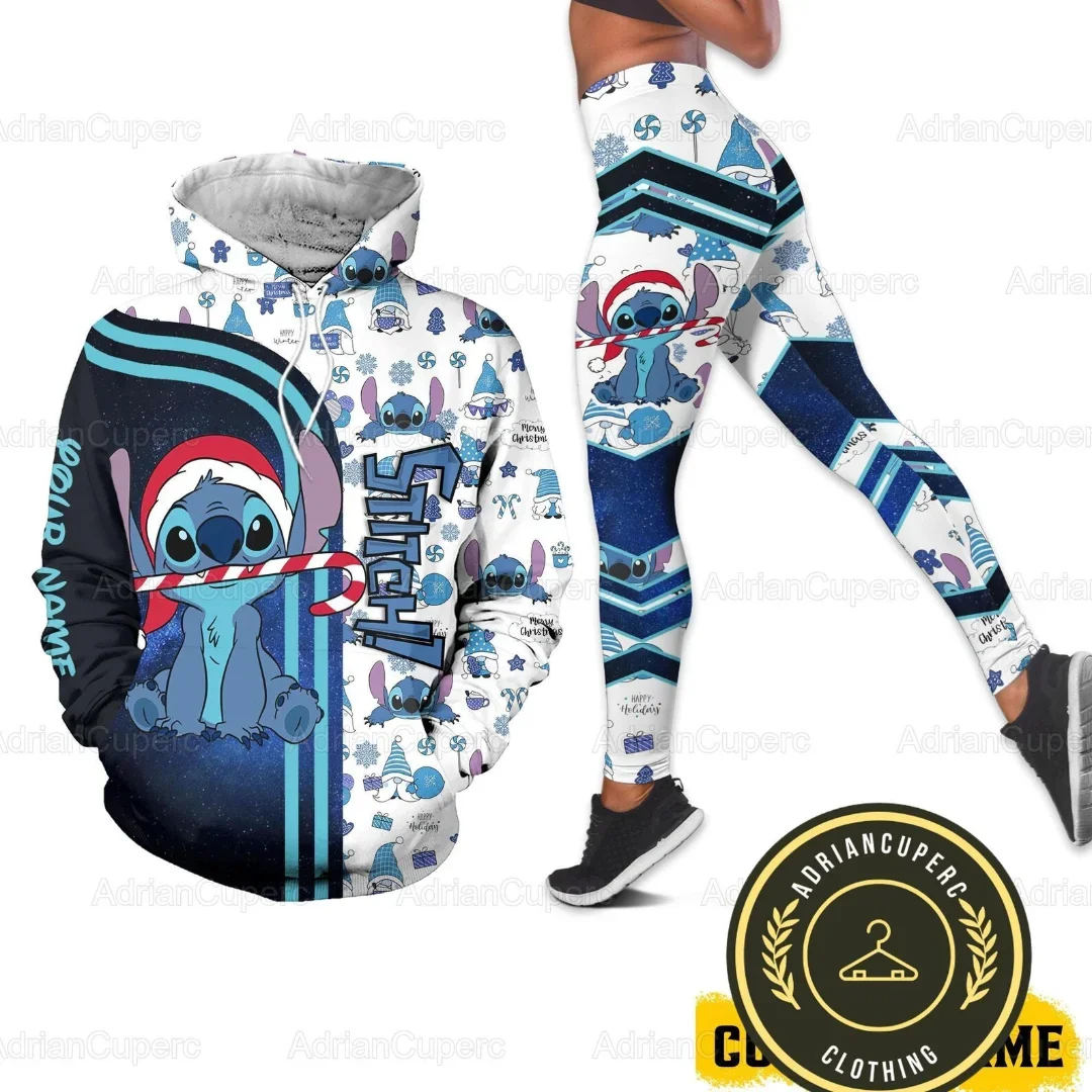 Custom Name Disney Stitch Christmas 3d Hoodie and Leggings Set Women's Disney Mickey Yoga Sweatpants Hoodie Fashion Sports Suit