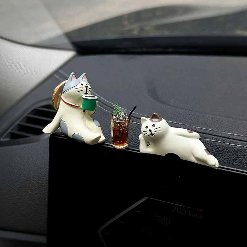 Cute Mini Cat Iced Americano Figurines Auto Dashboard Rearview Mirror Decoration Accessories Car Interior Ornaments