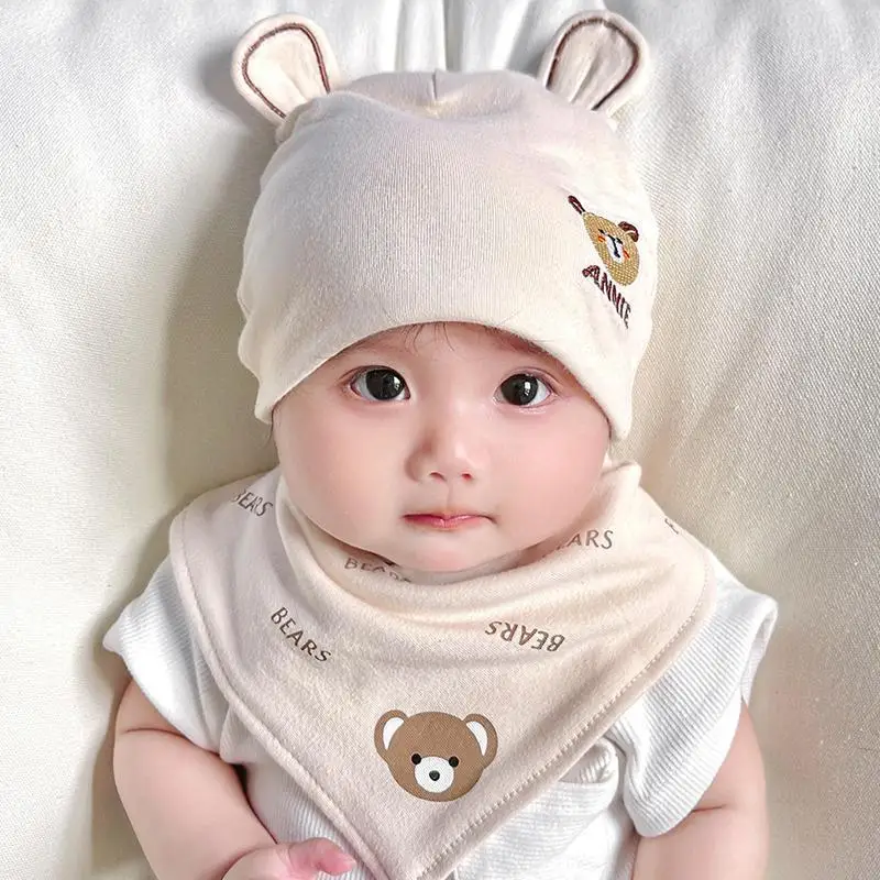 2pcs/set Eslatic headscarf double layer cotton baby caps&hats with baby bibs set for newborn infant Candy Color