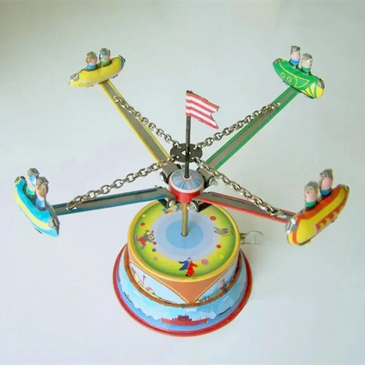 

[Funny] Adult Collection Retro Wind up toy Metal Tin amusement park Rotating plane windmil Mechanical Clockwork toy figures gift