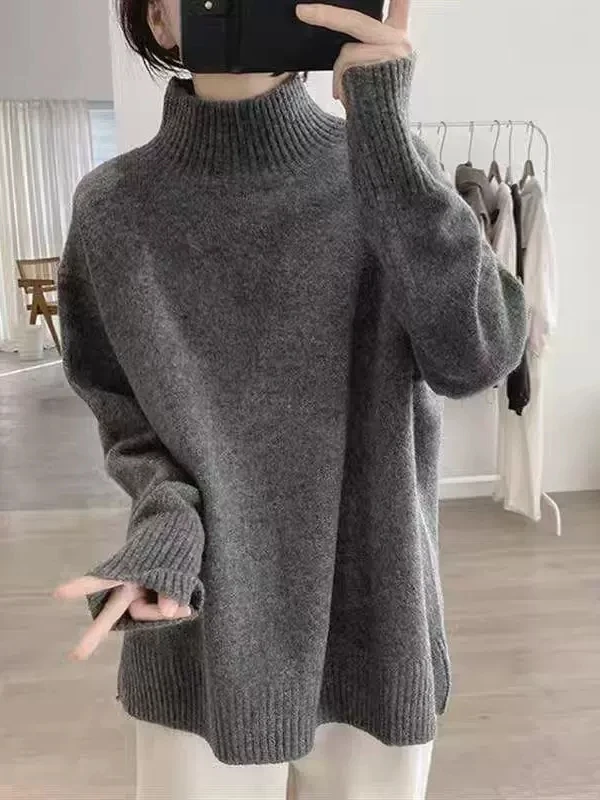 

Trendy ey High Collar Women's Knitted Sweater Loose Thiened Lazy Sle Slimming Boting irt Long Sve Top